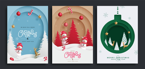 Christmas greeting card vector poster set. Merry christmas and happy new year greeting text with snowman and hanging xmas pine tree elements in paper cut decoration. Vector illustration holiday season