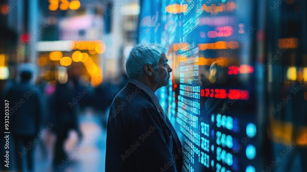 Poster man observing stock market data display in a city at night
