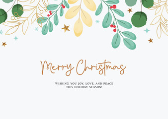 Merry christmas greeting card vector design. Christmas and happy new year greeting text with leaves garland in water color design. Vector illustration holiday season card template. 
