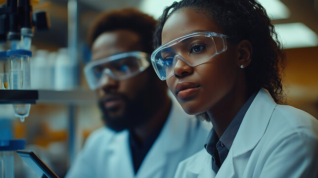 Lab scientist in protective overalls, gloves and goggles at laboratory and inspecting it against futuristic transparent interface. In search of anti-coronavirus or covid-19 vaccine