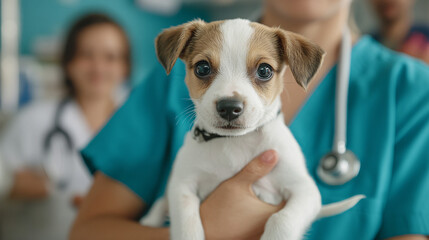 a vet holds a cute little puppy in her hands gently, providing tender care and comfort	

