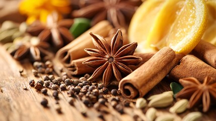 A close-up of star anise cinnamon sticks and other whole spices arranged on a wooden table
