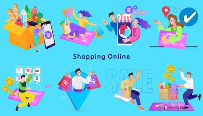 Obraz premium Online shop smartphone app. Mobile based marketplace. Retail business cartoon icons set.