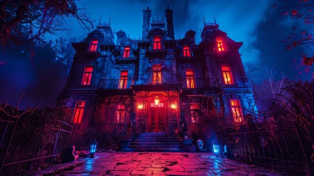 Eerie haunted house with glowing windows and spooky decor.