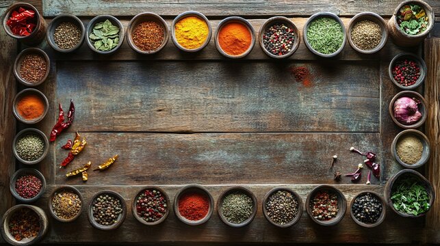 A rustic wooden table with colorful spices arranged in a pattern each spice creating a distinct visual impact