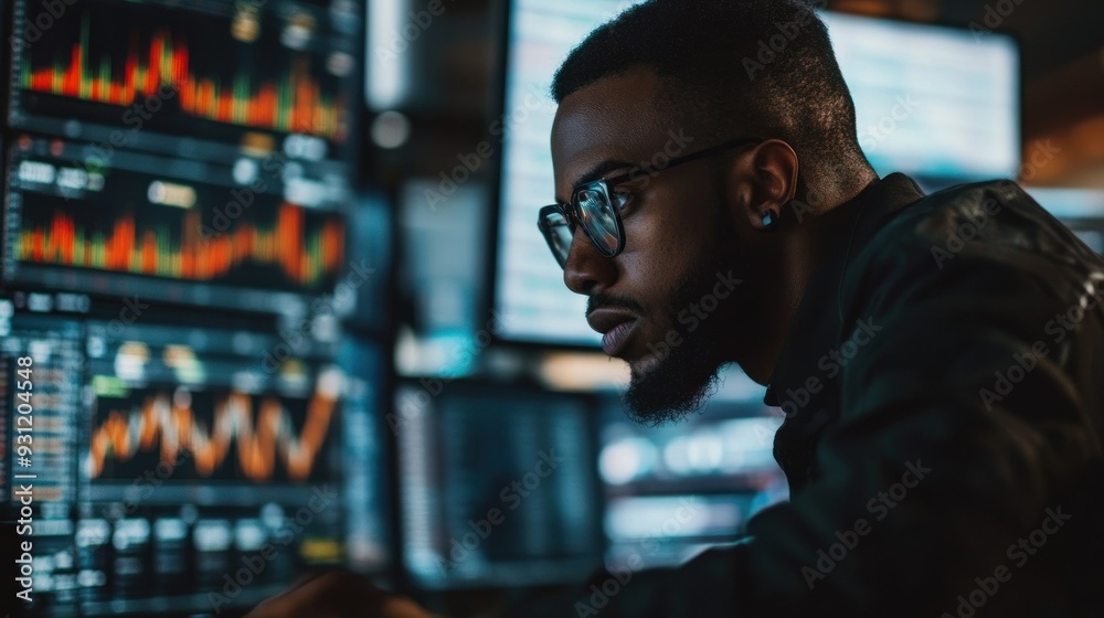 Poster Man in Glasses Looking at Computer Screen with Data