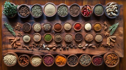 A wooden table with an array of spices spread out each spice creating a beautiful contrast against the wood