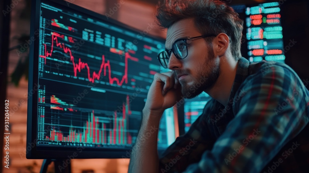 Poster bearded man in glasses looking at stock market data on computer screen