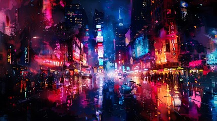 A watercolor painting of an urban night scene merging with neon lights, cityscape blending with vibrant neon signs, fluid and expressive brushstrokes, bright neon hues and dark city colors,