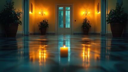 A Single Candle Illuminates a Grand Hallway