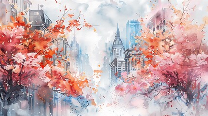 A watercolor painting of an urban street view with blooming flowers superimposed, city buildings blending with vibrant blossoms, soft and fluid brushstrokes,