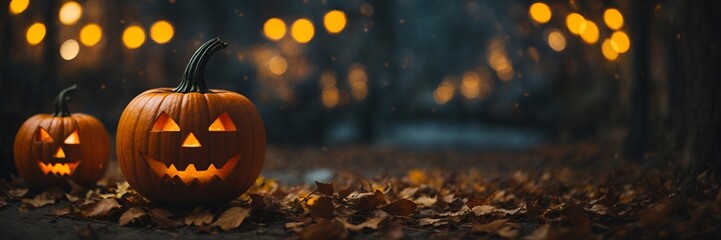 Halloween carved pumpkins lit by candles in an autumn forest