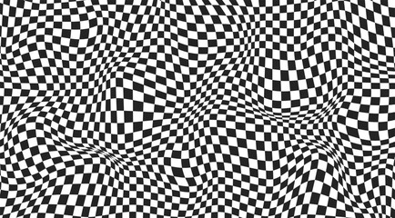 Distortion abstract banner. Checkered background with distortion effect. Checkered pattern. surface. Black and white background, distorted chessboard. Vector illustration.