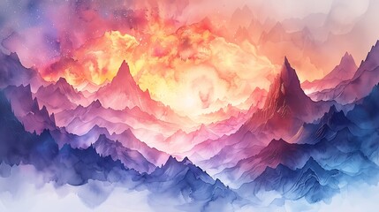 A watercolor painting of majestic mountains blending into a galaxy, peaks dissolving into cosmic swirls, vibrant and ethereal colors of the galaxy merging with earthy mountain tones,