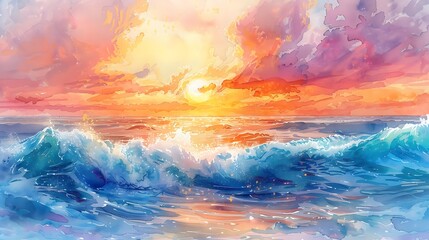 A watercolor painting of ocean waves cascading into a vibrant sunset sky, waves blending seamlessly with the warm hues of the setting sun, fluid and expressive brushstrokes, vibrant oranges, pinks,