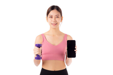 Portrait young asian woman lifting dumbbell and showing smartphone isolated white background, female fitness workout training holding dumbbell for muscle strong and strength, sport and health care.