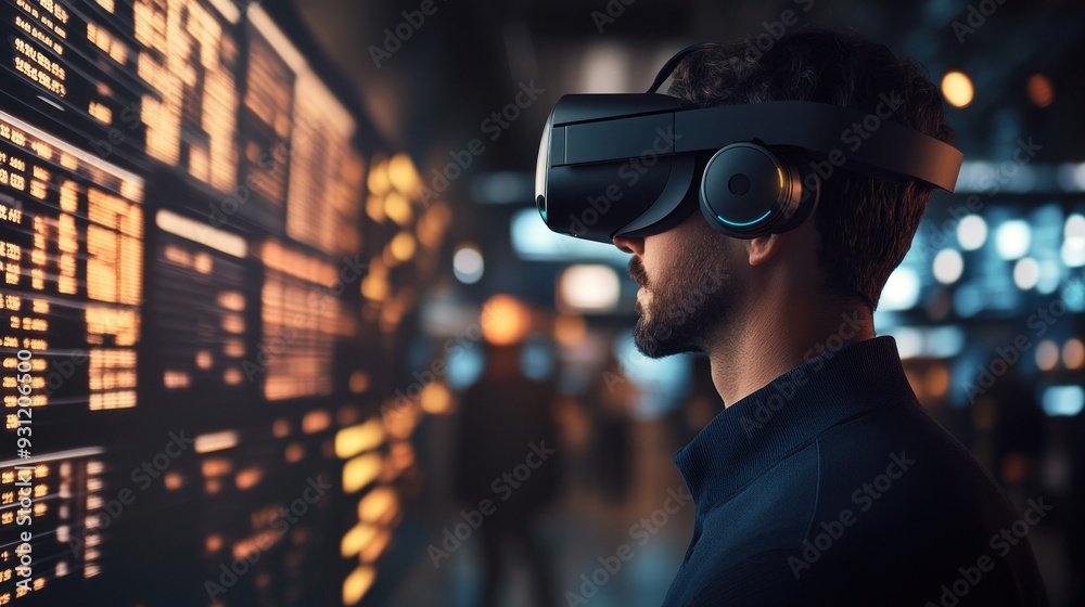 Poster man wearing vr headset looking at a digital display