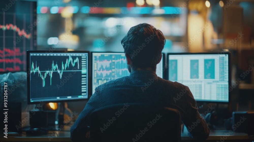 Aufkleber Man Sitting in Front of Multiple Computer Screens with Stock Market Data Displayed