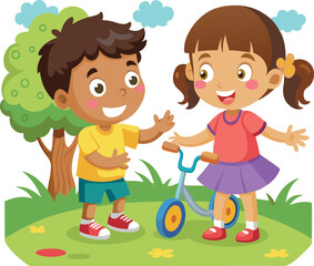 Happy children playing with tricycle in the park-