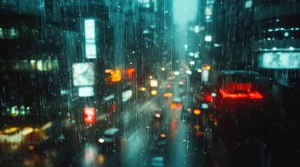 A rainy urban scene with blurred lights and reflections on glass.