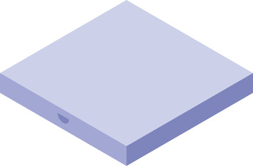 Closed light purple pizza box laying flat is shown in an isometric view