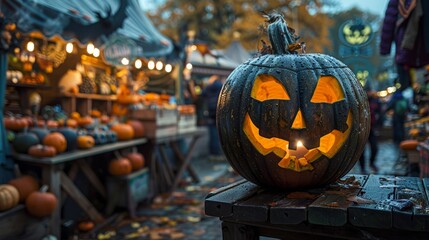 Obraz premium Spooky Halloween market with eerie decorations and treats for sale
