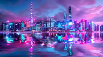 Obraz premium Vibrant cityscape at night, urban skyline view