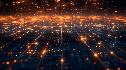 Obraz premium Glowing data points forming an abstract network on a dark grid