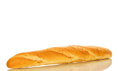 One aromatic baguette, macro, isolated on white background.