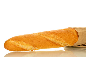 One aromatic baguette in a paper bag, macro, isolated on white background.