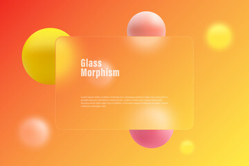 Fototapeta premium Vector template in steel glass morphism. Presentation screen with glass overlay effect on floating color gradient spheres.