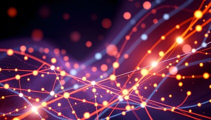Obraz premium Glowing orange and yellow abstract network of interconnected lines and dots, creating a futuristic and technological atmosphere