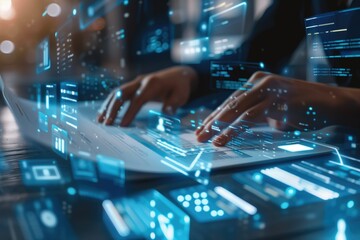 Hands typing on a laptop keyboard surrounded by futuristic digital holograms in a dark environment. Concepts of technology, innovation, and digital transformation.