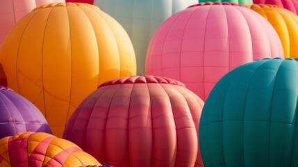 Colorful balloons in motion at festival with changing view, copy space, covering all objects, deep depth of field.