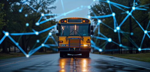 Yellow school bus on a wet road with digital network connections overlay. Concepts of technology integration in education, modern transportation, and connectivity.