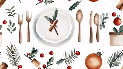 Seamless Pattern Christmas Feast Pattern: A festive watercolor design featuring holly, ornaments, and elegant tableware, perfect for holiday-themed projects. 