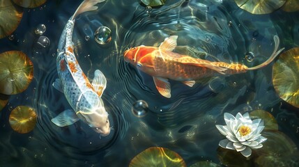 Two Koi Fish Swimming in a Pond with Lily Pads