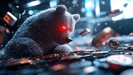 A digital art banner portraying the bear market with a menacing pixelated bear and falling cryptocurrency symbols.