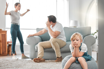 Sad, child and parents with argument in home for infidelity, cheating or affair in marriage with divorce. Upset, conflict and girl kid in living room with mother and father fighting for family drama.