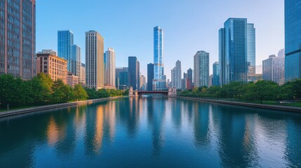 Naklejka premium A serene cityscape reflecting skyscrapers along a calm river at dawn.