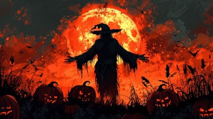 Scarecrow silhouette against harvest moon in pumpkin field landscape.