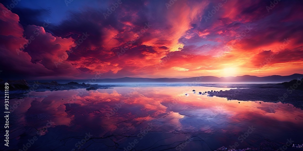 Poster The sky is filled with clouds and the sun is setting, creating a serene