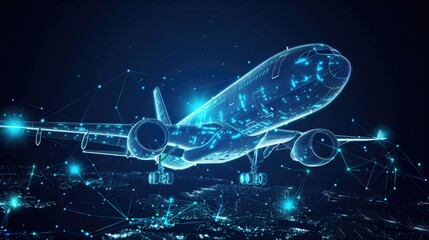 Digital airplane hologram with network connections on dark background. Concepts of aviation technology and futuristic transport.