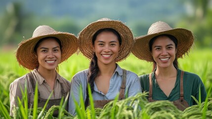 Three smiling women farmers in a rice paddy.