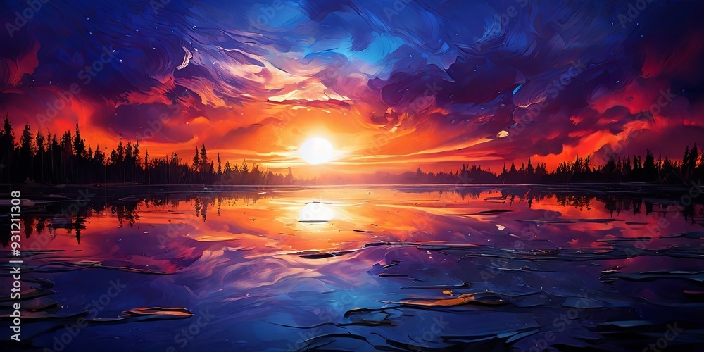 Poster a beautiful sunset over a lake with trees in the background