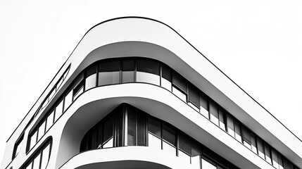 Obraz premium A black and white image of a modern building with curved edges and large windows.