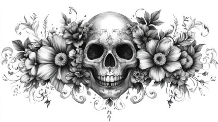 Skull with floral elements, combining a skull with intricate flower designs for a balanced aesthetic.