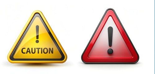 Yellow and Red Caution Signs with Exclamation Mark.