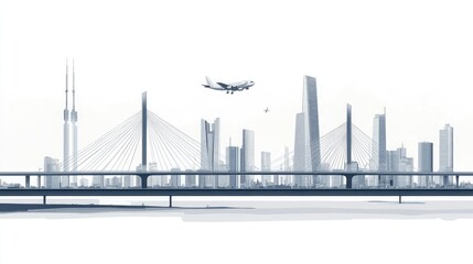 Obraz premium A blue and white illustration of a modern city skyline with a bridge and an airplane flying overhead.