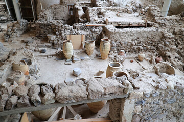 Amphorae at the Akrotiri Archaeological Site on the Greek Cyclades island of Santorini-Greece